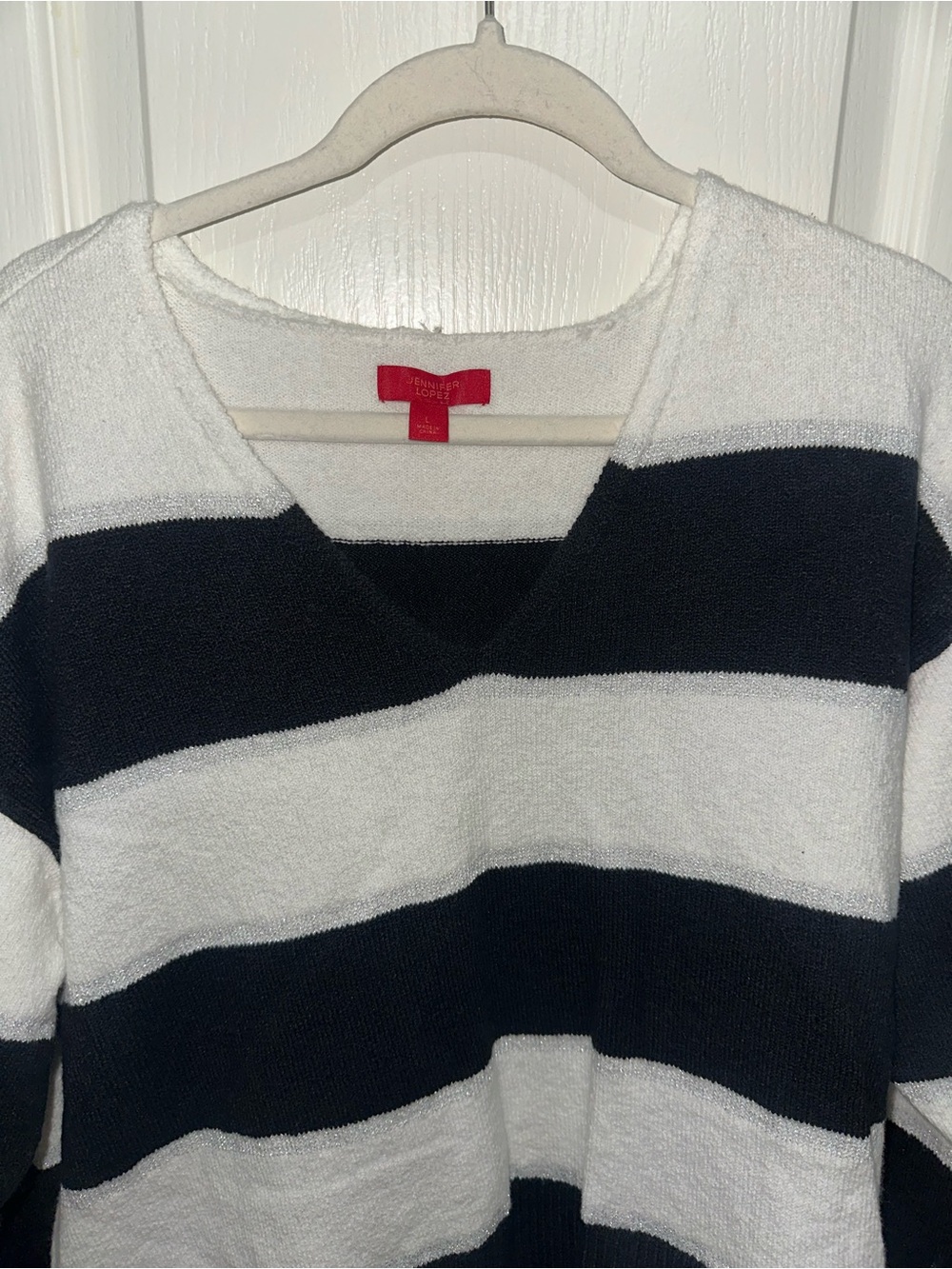 Jennifer Lopez Black & White Striped V-Neck Sweater - Picture 2 of 3